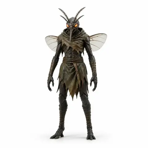 A humanoid insect figure with wings, orange eyes, and detailed textures.
