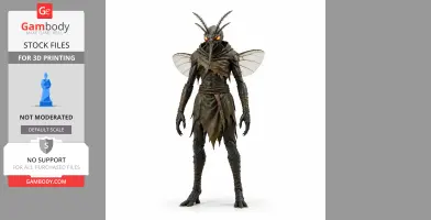 A humanoid insect character with wings, orange eyes, and antler-like antennae, designed for 3D printing.