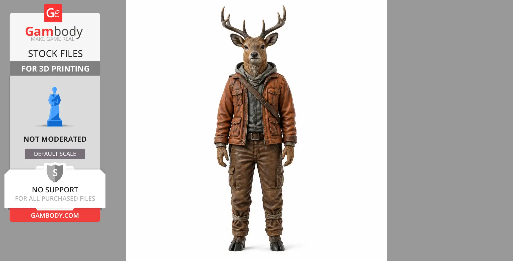 Deer humanoid figurine wearing a jacket and pants, designed for 3D printing.