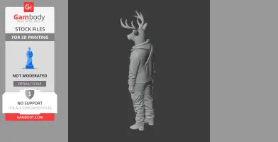 A standing deer-headed humanoid figure in casual attire with antlers, viewed from the side.