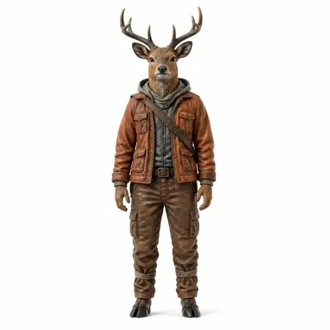 Anthropomorphic deer figurine in casual clothes with a jacket and shoulder bag.
