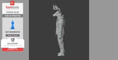 A standing anthropomorphic deer figure wearing a hooded jacket and pants, viewed from the side.