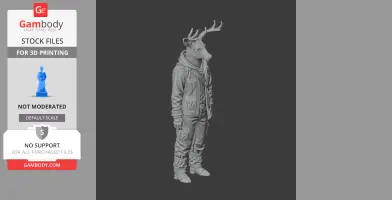 A humanoid figure with a deer's head, wearing a jacket and scarf, in a 3D printable model format.