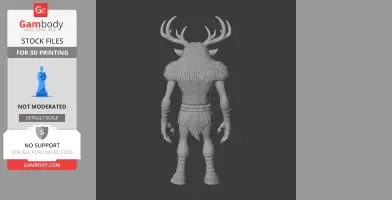 A gray 3D model of a humanoid creature with antlers, covered in fur, viewed from the back.