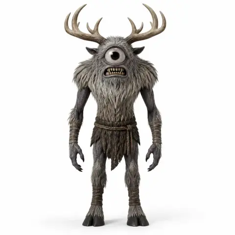 A furry, one-eyed creature with antlers and sharp teeth, standing upright in a menacing pose.
