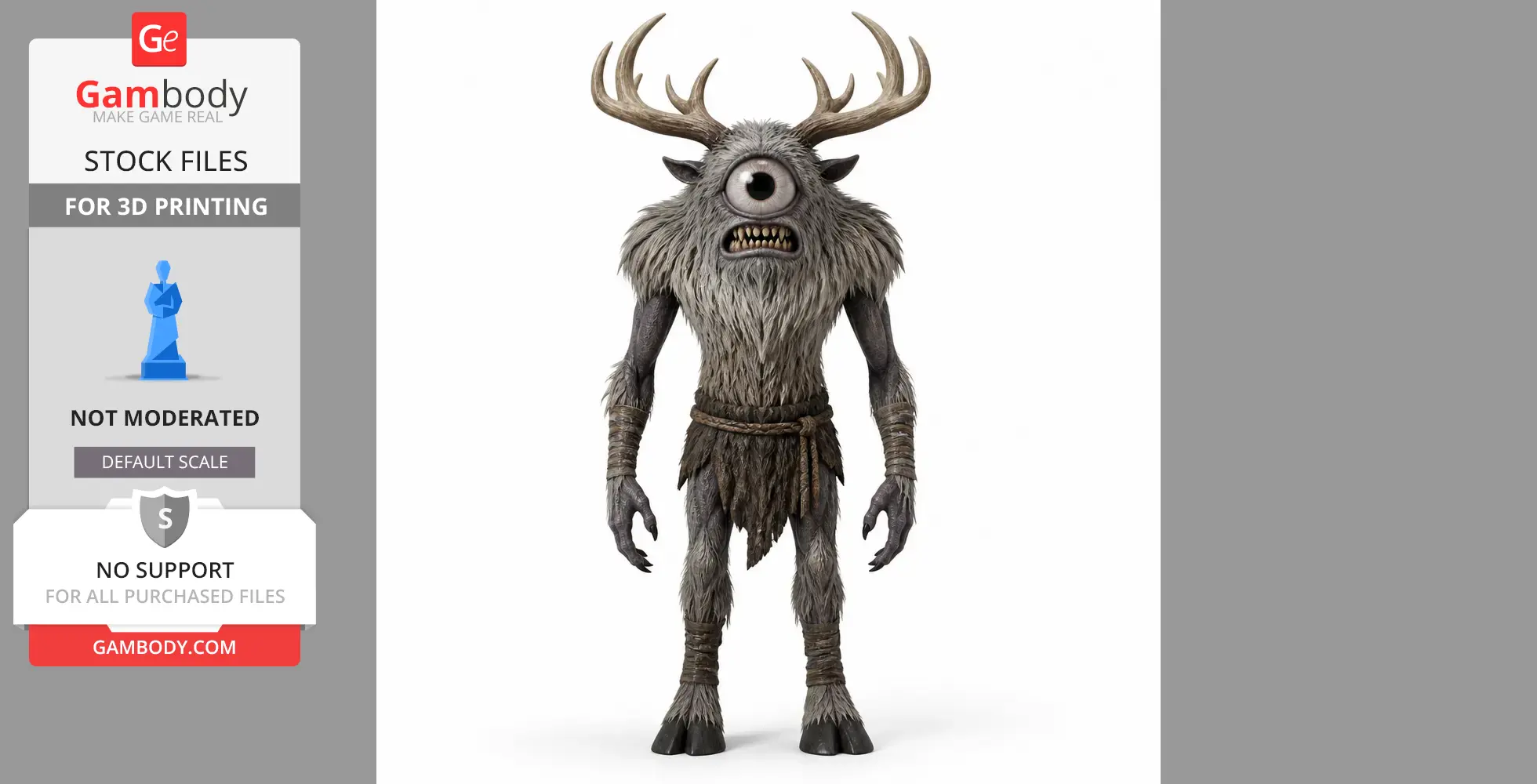 A cyclopean creature with antlers, furry body, and sharp teeth, ready for 3D printing from Gambody.