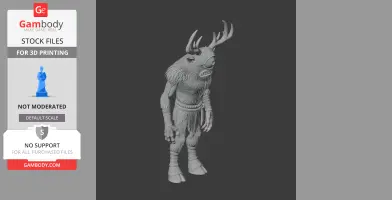 A 3D model of a shaggy, one-eyed creature with large antlers and humanoid features.