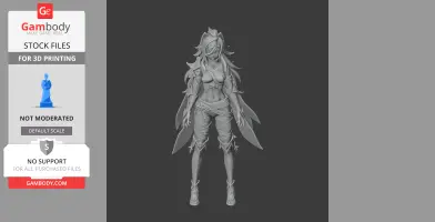 Detailed 3D model of Dehya from Genshin Impact, with intricate armor and flowing hair, for 3D printing.