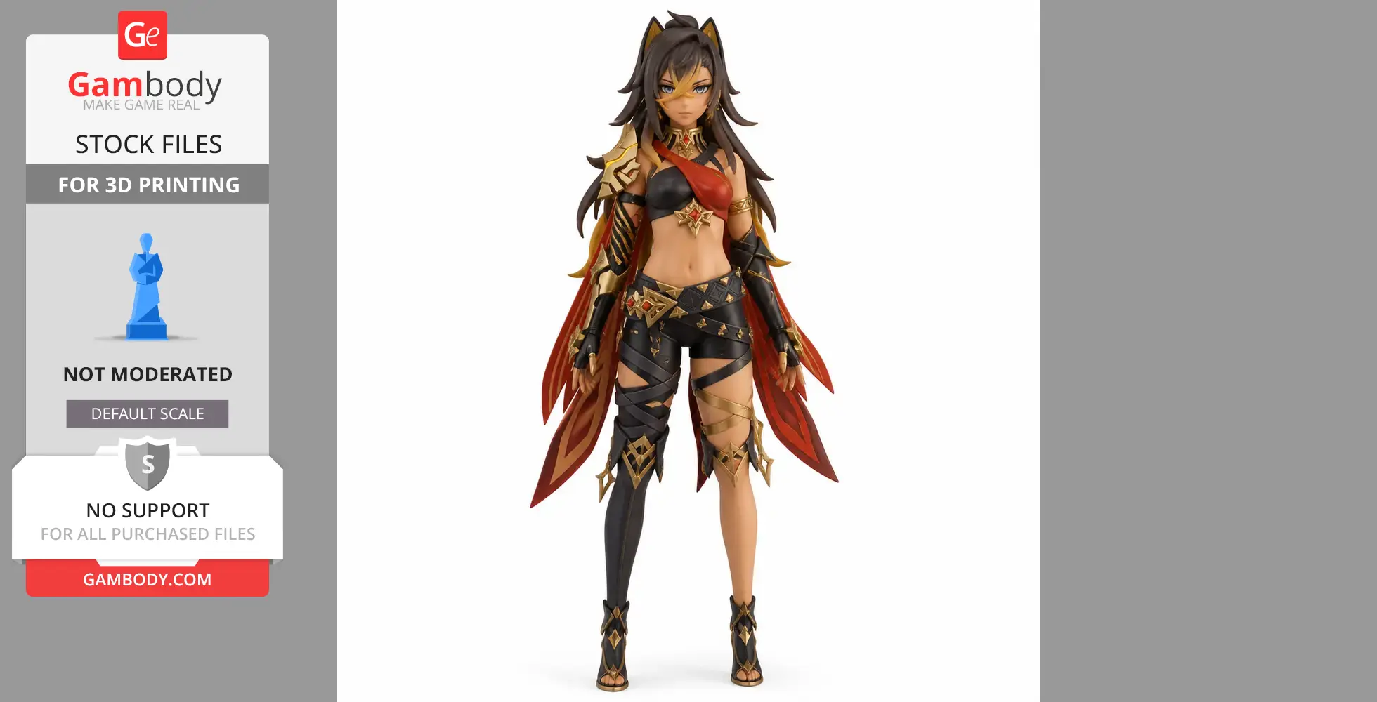A detailed 3D model of a warrior character with dark hair, intricate armor, and red accents for 3D printing.