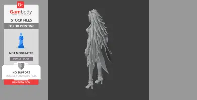 A 3D model of a character with long flowing hair and detailed attire, designed for 3D printing.