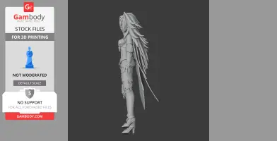 A detailed 3D model of a female warrior with long hair and armor, designed for 3D printing.