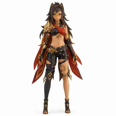 Female warrior figurine with dark hair, intricate armor, and red, black, and gold details.
