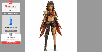 A detailed 3D model of a warrior character with dark hair, intricate armor, and red accents for 3D printing.