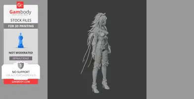 A detailed figurine of a female warrior with long hair and ornate armor, designed for 3D printing.
