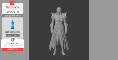 A detailed 3D model of a cloaked, armored character with spiked pauldrons, designed for 3D printing.