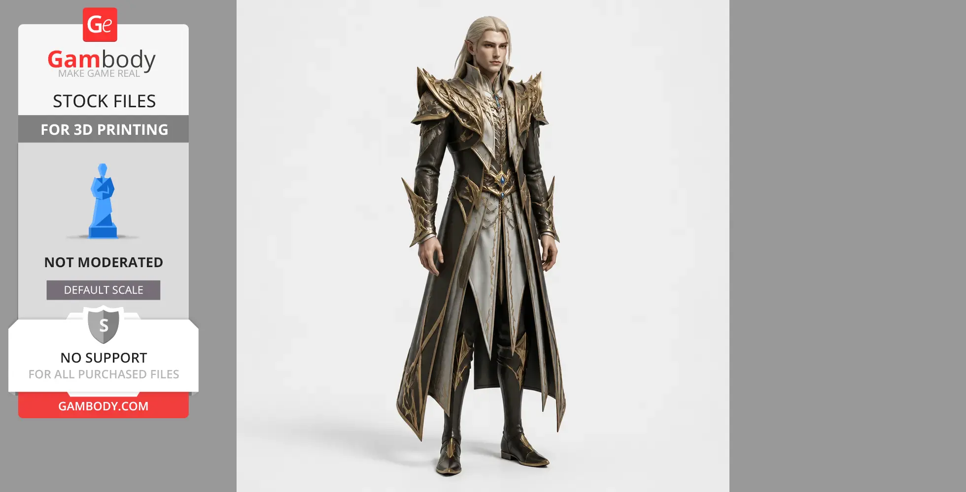 A fantasy character figurine with elaborate armor and long cloak, designed for 3D printing.