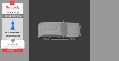 Top view of a 3D model car for printing, with branding and scale information.