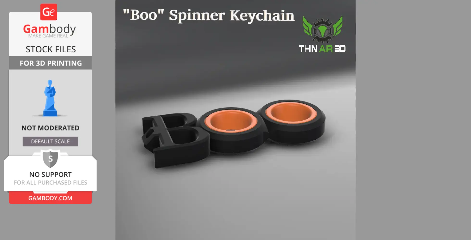 Black 'Boo' text with orange spinner wheels, designed as a fidget keychain for 3D printing.