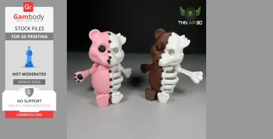 Two half-skeleton, half-bear figures in pink and brown, standing, with visible bones and features.