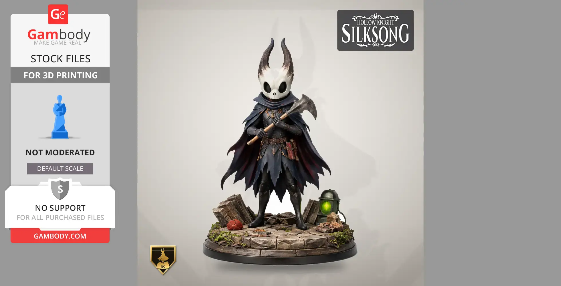 A masked character in a cloak holding an axe, standing on a detailed stone base from Hollow Knight: Silksong.