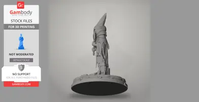 A slender, robed figure with a pointed headpiece, holding a staff, stands on a round base platform.