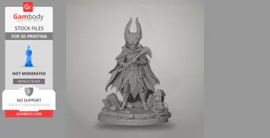 A cloaked figure with horns stands on a detailed base, holding a weapon, ready for 3D printing.