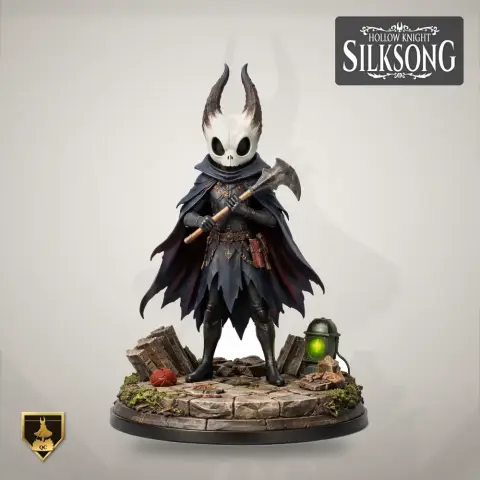 Hollow Knight: Silksong character figure, cloaked with a horned mask, holding an axe, standing on a stone base.
