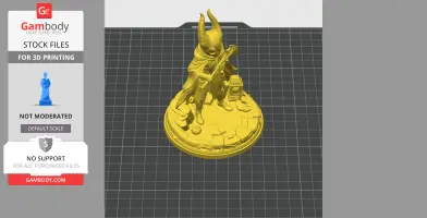 A 3D printed figure of a character with horns, a cloak, and an axe, standing on a textured base.