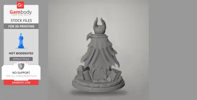 A cloaked figure with a horned helmet stands on a base with books and scrolls.