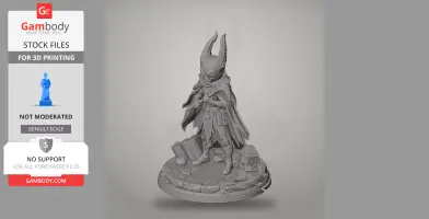 A detailed 3D model of Seth from Hollow Knight: Silksong, standing on a rocky base with scattered objects.