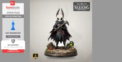 A masked character in a cloak holding an axe, standing on a detailed stone base from Hollow Knight: Silksong.