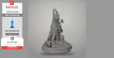 A detailed 3D model of a cloaked character with horns, standing on a textured base, ready for 3D printing.