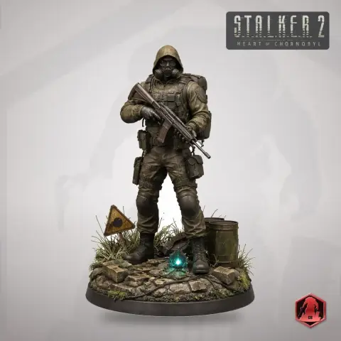 Armored figure with a gas mask holding a rifle, standing on rocky terrain with gear.