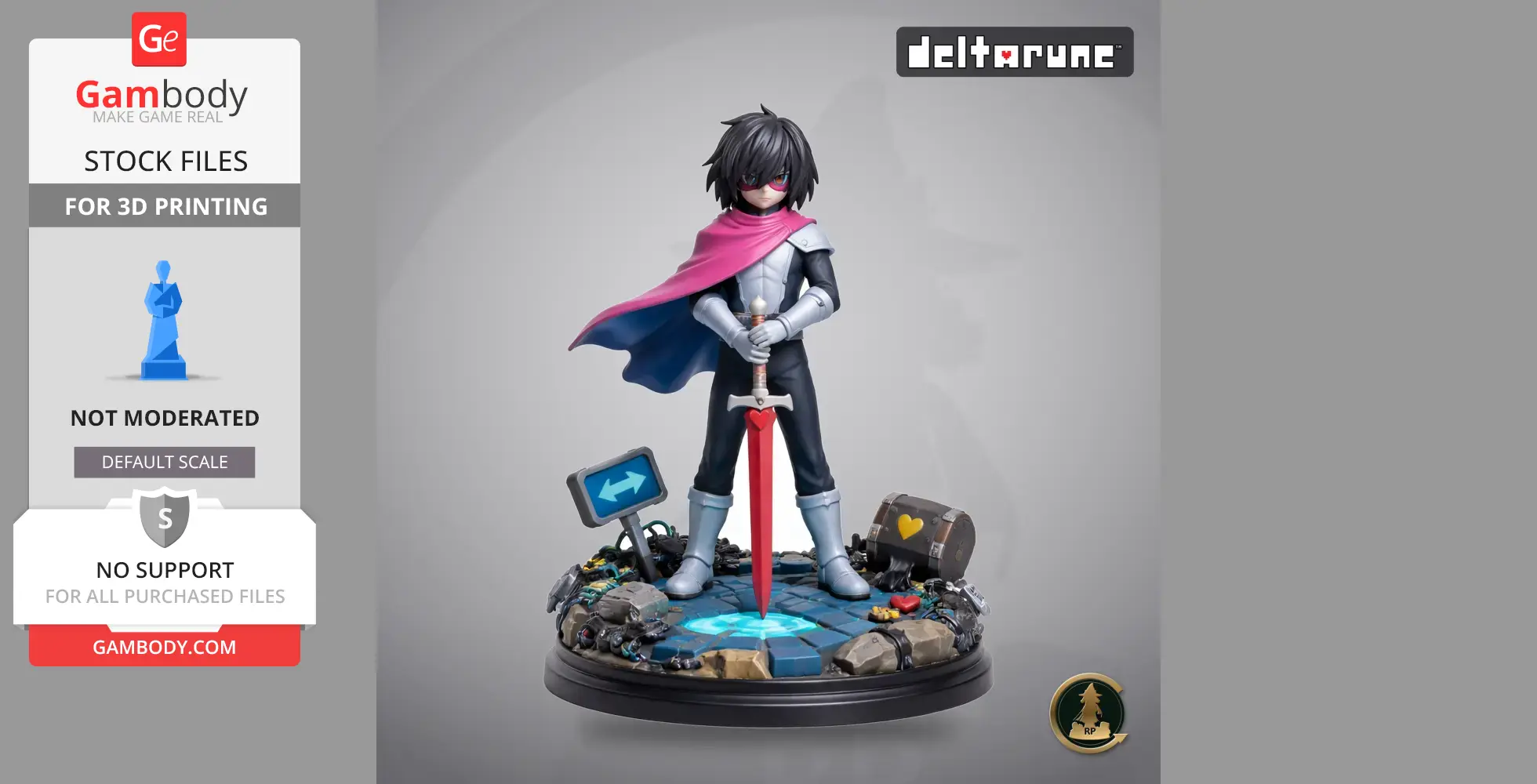 A 3D-printed figure of Kris from Deltarune, standing on a themed base, holding a sword, wearing a cape.