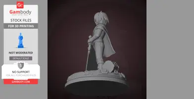 3D model of a character with a sword and cape, standing on a detailed circular base.
