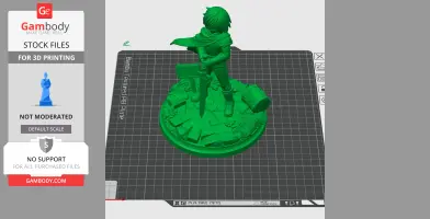A 3D figure of a cloaked character holding a sword, standing on a detailed circular base.
