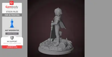 Character figure with a sword on a detailed base, suitable for 3D printing.