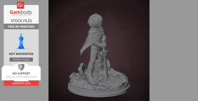 A 3D model of a cloaked character holding a sword, standing on a detailed, textured base.