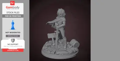 A detailed 3D model of a cloaked character holding a sword, standing on a decorated base.