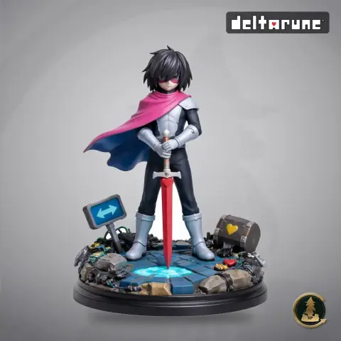 Kris from Deltarune standing with a red sword and pink cape on a detailed base with signs and items.