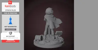 A 3D figure of a character with a cape stands on a detailed base with a sword, hammer, and chest.