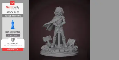 A 3D model of a character holding a sword, wearing a cape, standing on a detailed round base.