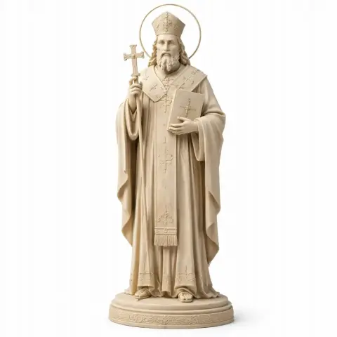 A detailed statue of a robed saint holding a cross and book, wearing a halo and ornate headdress.