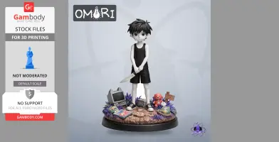 A monochrome figure with a knife stands on a base with toys, a TV, and a 'Stop' sign.
