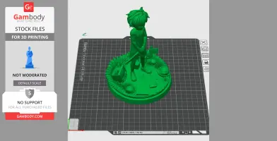 A 3D model of a character with a shovel, standing on a circular base with plants and objects.