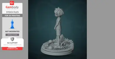 A 3D figure of a child standing on a detailed base with plants and objects, for 3D printing.