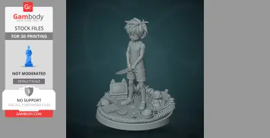 A 3D model of a boy holding a knife, standing among various objects like a TV and plants on a circular base.