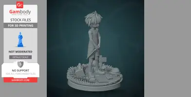 A detailed 3D model of a character with a knife, positioned on a decorated base with plants and objects.