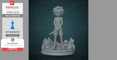 Chibi figure of character with knife, surrounded by objects like a cat-shaped TV and assorted items.