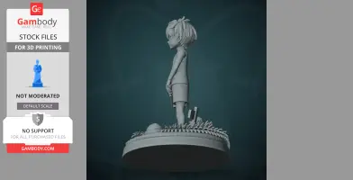 A 3D model of a character with shaggy hair standing on a textured base holding an object, ready for printing.
